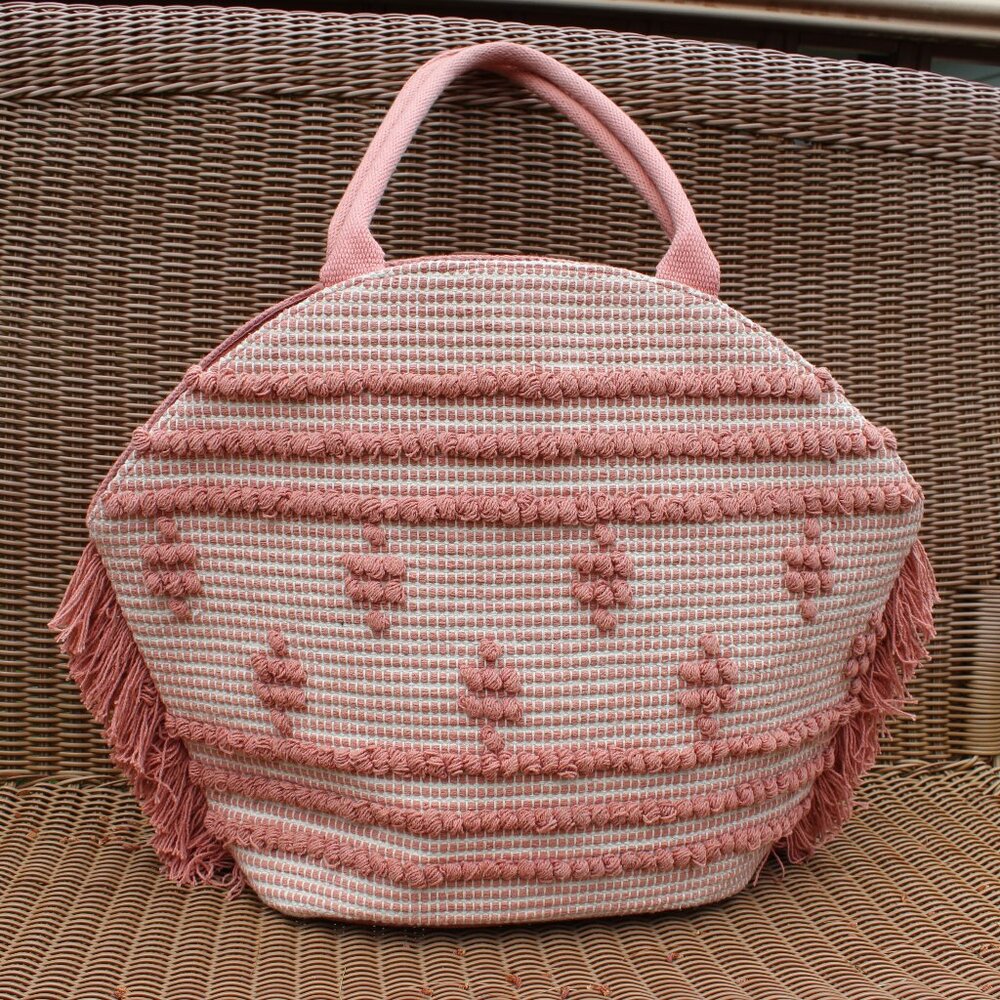 Straw Fringe Tote Handbag Beach Pool Shoulder Bag - Shade & Shore Rose Pink